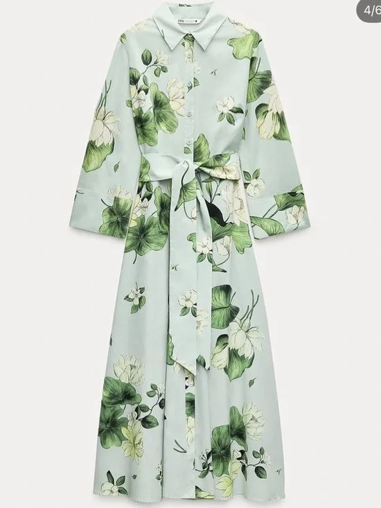 NWT Zara ZW Collection Green Floral Button Down Shirt Dress Midi w/ Belt XS - Picture 2 of 9